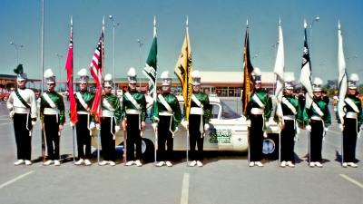 Toronto Optimists Colour Guard (Merritton Community Day, September, 1960)
L-R: Mike Layton (Guard Captain), Ivor Bramley (rifle), Ian Robertson ?, Bob Cook ?, Len Perrin (rifle), ?, Larry Cheevers ?, ?, Andy Henderson ?, Al Miller?, Don Yeaman ?

Photo by Don Daber
Keywords: 1960